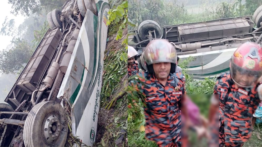 বরিশাল-ঢাকা মহাসড়কে বাস খাদে পড়ে নারী নিহত