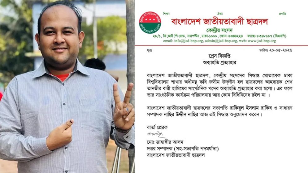 ছাত্রদল নেতা হামিমের অব্যাহতির আদেশ প্রত্যাহার